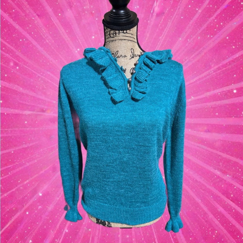 Vintage Teal Ruffle Loop Collar Button Up Knit Sweater With Faux Pearl Buttons